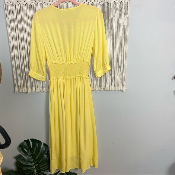 Élodie Yellow White Smocked Waist Midi Sundress with Sleeves Size Small - Picture 10 of 11